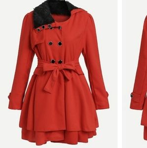 Faux Fur Collar Double Layered Hem Coat